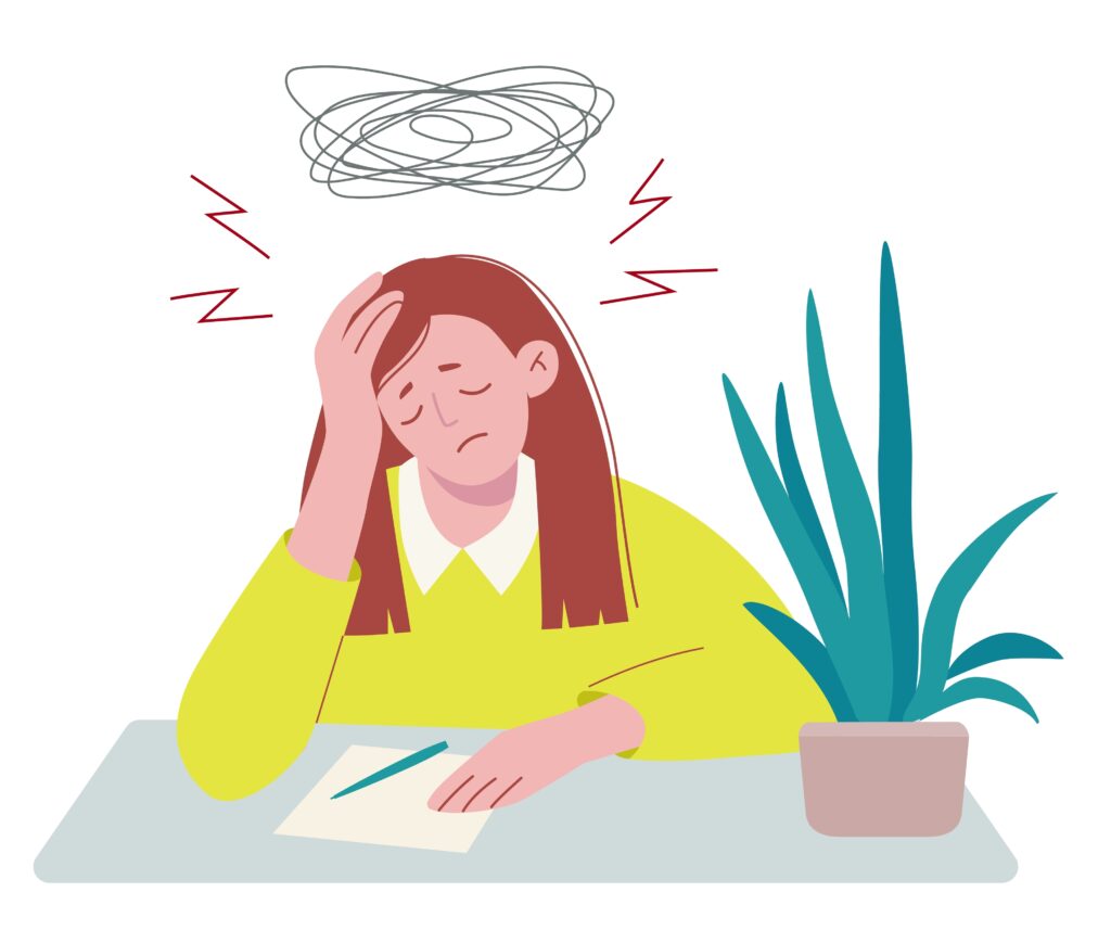Animated image of student with anxiety while doing homework.