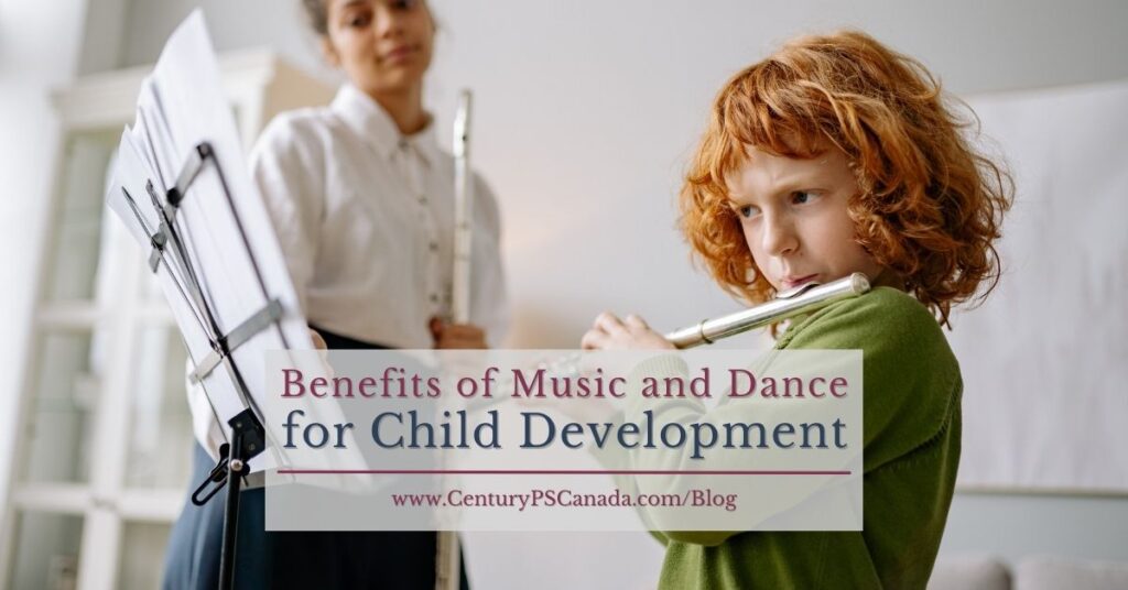 Cover photo for Century Private School's blog article for parents about the benefits of music and dance for children's cognitive and physical development. A young student is playing the flute while the instructor or teacher watches and reads the sheet music.